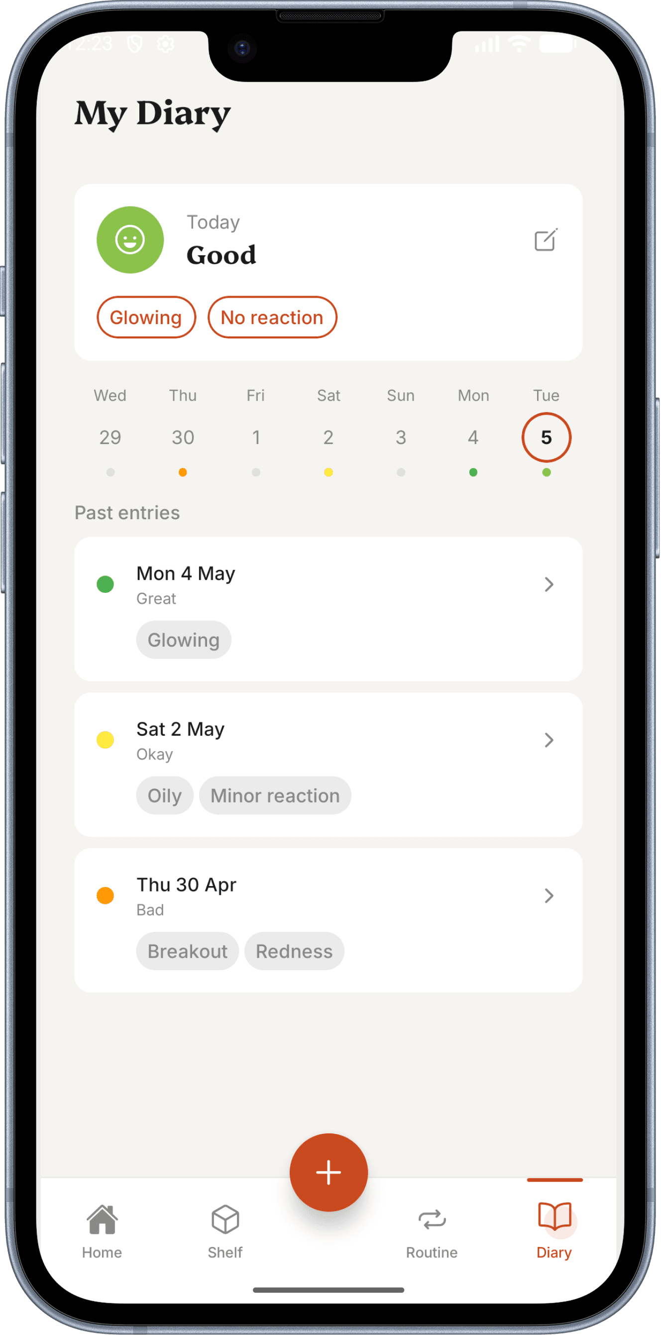 My Diary with mood selection and recent dated entries.