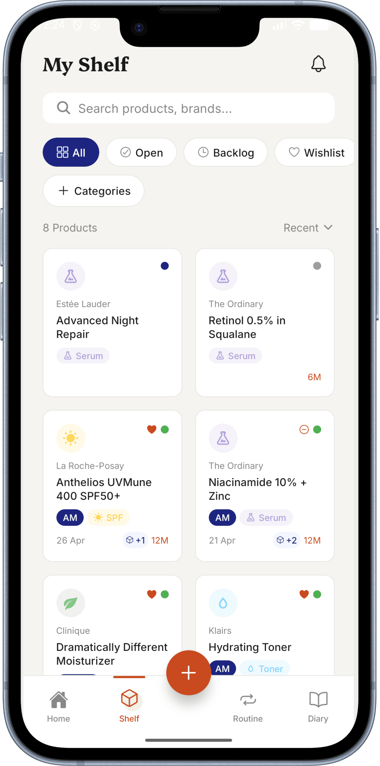 My Shelf with search, status filters, and a grid of product cards.